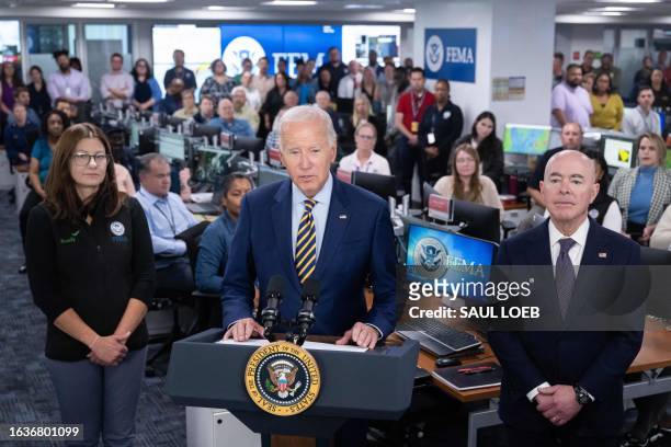 President Joe Biden, with Homeland Security Secretary Alejandro Mayorkas and FEMA Associate Administrator of the Office of Response and Recovery Anne...