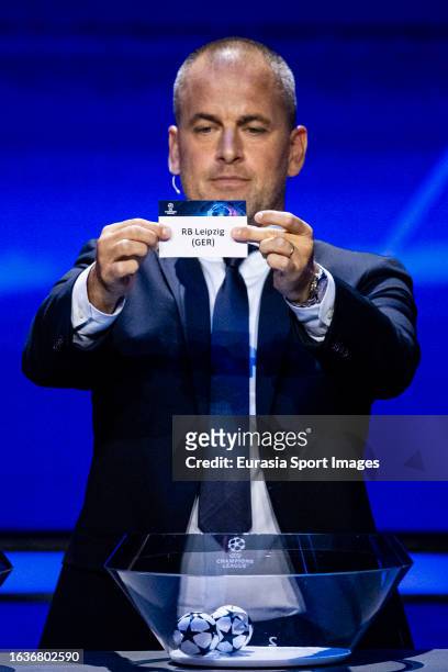 Former professional footballer Joe Cole shows RB Leipzig during UEFA Champions League 2023/24 Group Stage Draw at Grimaldi Forum on August 31, 2023...