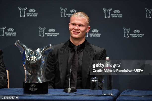 Erling Haaland of Manchester City attends the UEFA Awards 2022/23 Press Conference after receiving the UEFA MenÕs Player of the Year award at...