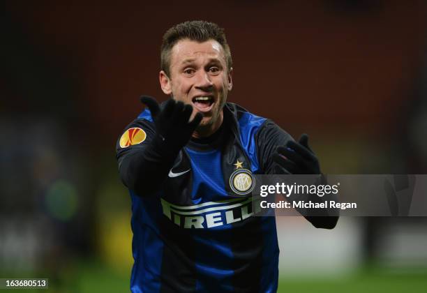 Antonio Cassano of Inter Milan appeals during UEFA Europa League Round of 16 second leg match between Inter Milan and Tottenham Hotspur at San Siro...