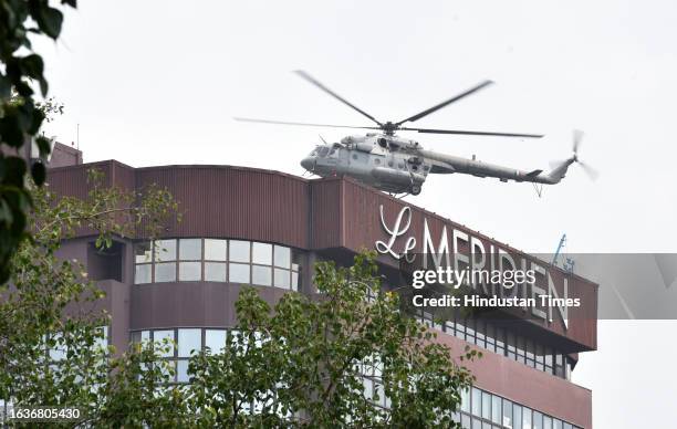 Indian Multi Role Helicopter security rehearsal ahead of G-20 India summit 2023, at Le Meridien hotel CP on August 31, 2023 in New Delhi, India. In...