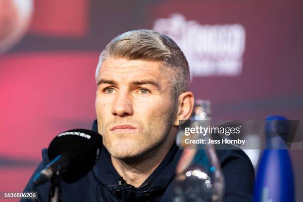 Liam Smith speaks to the media during a press conference at New Century Hall on August 31, 2023 in Manchester, England.