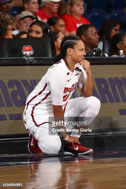 Kristi Toliver of the Washington Mystics looks on during the game on August 29, 2023 at Entertainment & Sports Arena in Washington, D.C.. NOTE TO...