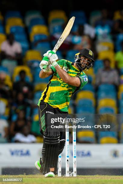 Imad Wasim of Jamaica Tallawahs hits 4 during the Men's 2023 Republic Bank Caribbean Premier League match 14 between Barbados Royals and Jamaica...