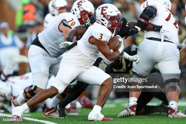 Wayne Dixie III of the Elon Phoenix runs the ball during a football game against the Wake Forest Demon Deacons at Allegacy Federal Credit Union...