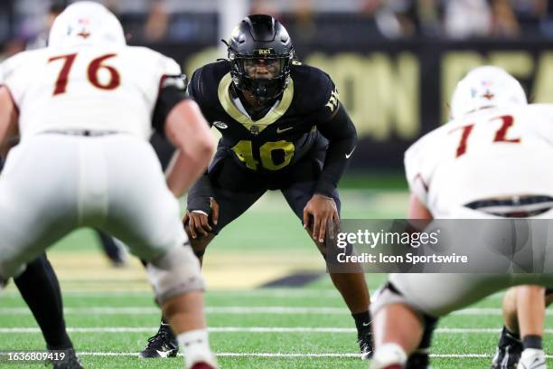 Jacob Roberts of the Wake Forest Demon Deacons reads the backfield during a football game against the Elon Phoenix at Allegacy Federal Credit Union...