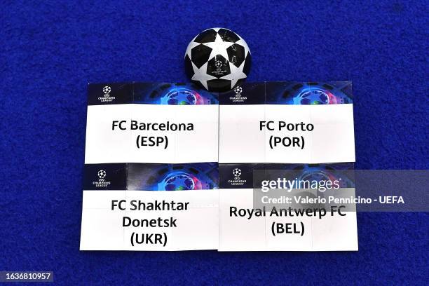 The cards of the teams in Group H are seen after the UEFA Champions League 2023/24 Group Stage draw at Grimaldi Forum on August 31, 2023 in Monaco,...