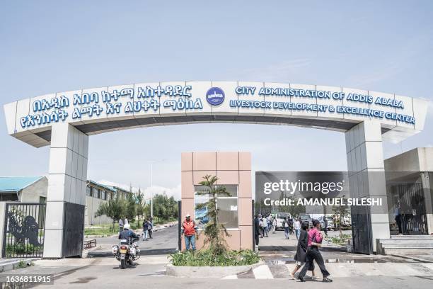 Picture taken on August 31, 2023 shows the entrance of City Administration of Addis Ababa Livestock Development and Excellence Center in Addis Ababa,...