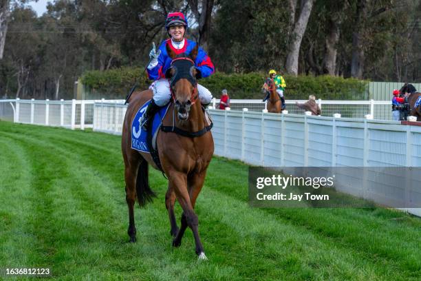 Just Jake ridden by Jaylah Kennedy returns to scale after winning the Seymour Football Netball Club ?Good luck in the Finals' Handicap at Seymour...