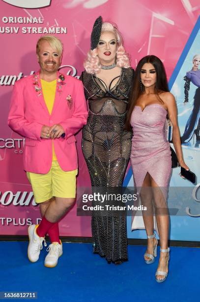 Ross Antony, Sheila Wolf and Kader Loth attend the "Drag Race Germany" premiere at Zoo Palast on August 31, 2023 in Berlin, Germany.