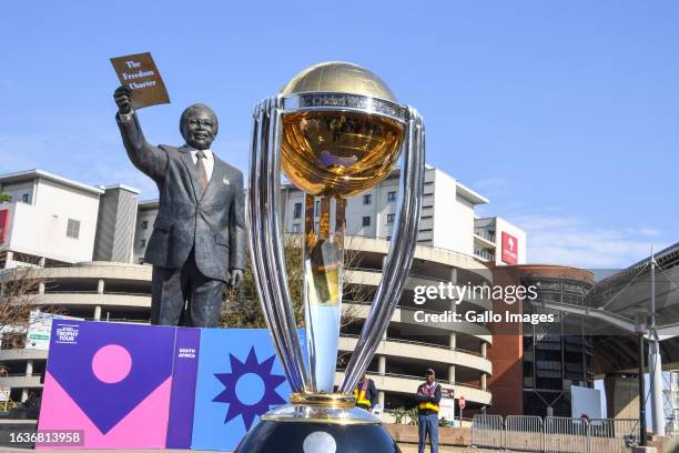 Men's Cricket World Cup 2023 Trophy during the ICC Men's Cricket World Cup 2023 trophy tour launch at OR Tambo International Airport on September 01,...