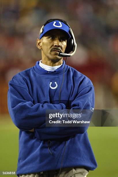 Head coach Tony Dungy of the Indianapolis Colts stands on the sideline during the NFL game against the Washington Redskins on October 27, 2002 at...