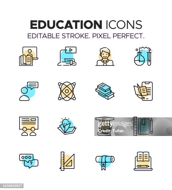 education icon set - learning, school, university, books, online courses, graduation symbols - elementary school library stock illustrations
