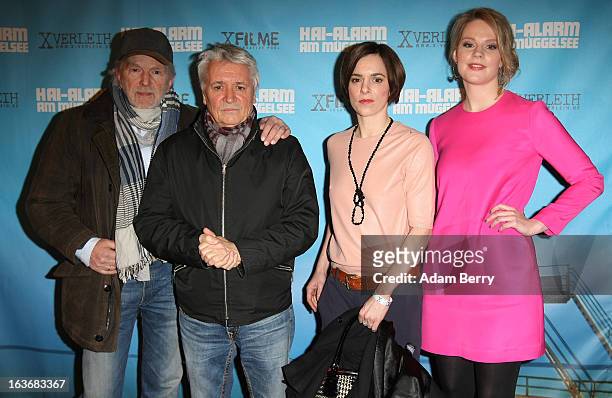Michael Gwisdek, Henry Huebchen, Annika Kuhl, and Anna-Maria Hirsch arrive for the premiere of the film 'Hai-Alarm am Mueggelsee' on March 14, 2013...