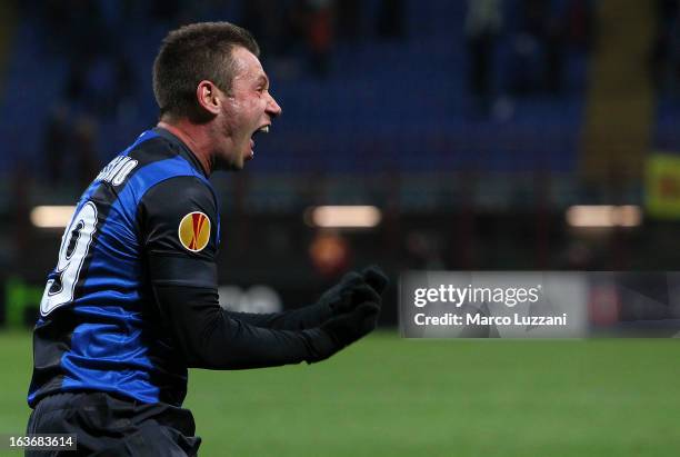 Antonio Cassano of FC Internazionale celebrates the second goal during the UEFA Europa League Round of 16 Second Leg match between FC Internazionale...