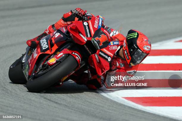 Ducati Italian rider Francesco Bagnaia rides during the first MotoGP free practice session of the Moto Grand Prix of Catalonia at the Circuit de...