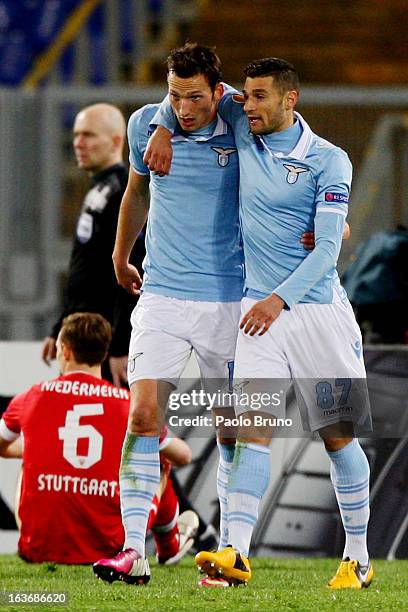 Libor Kozak with his teammate Antonio Candreva of S.S. Lazio celebrates after scoring the second team's goal during the UEFA Europa League Round of...