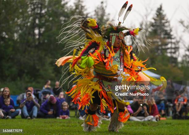 August 31, 2023: Member of the 'Dancing Cree' Powwow Dance Group, Marcus Pahtayken from Onion Lake Cree Nation, performs a Chicken Dance during the...
