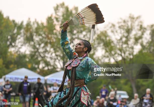 August 31, 2023: Member of the 'Dancing Cree' Powwow Dance Group, Cara Morin from Enoch Cree Nation performs a Jingle Dress Dance during the annual...