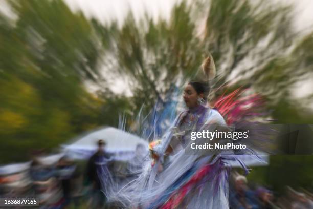 August 31, 2023: Member of the 'Dancing Cree' Powwow Dance Group, Jen McGillivary from Muskeg Lake Cree Nation, performs a Shawl Dance during the...