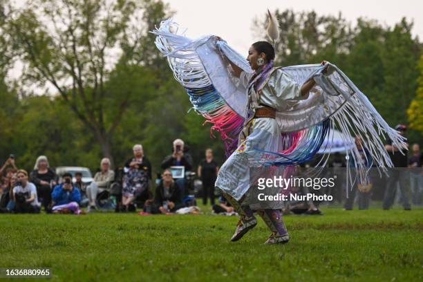 August 31, 2023: Member of the 'Dancing Cree' Powwow Dance Group, Jen McGillivary from Muskeg Lake Cree Nation, performs a Shawl Dance during the...
