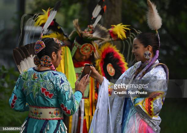 August 31, 2023: Members of the 'Dancing Cree' Powwow Dance Group Cara Morin from Enoch Cree Nation, Marcus Pahtayken from Onion Lake Cree Nation,...
