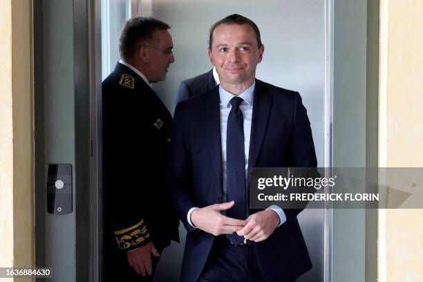 French Labour Minister Olivier Dussopt arrives at the Caisse d'assurance retraite et de la santé au travail or the occupational health and pension...