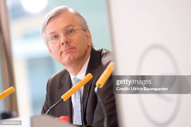 Christoph Franz, Chief Executive Officer of Deutsche Lufthansa AG, attends the annual news conference to announce the 2012 financial results on March...