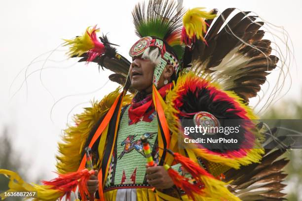 August 31, 2023: Member of the 'Dancing Cree' Powwow Dance Group, Marcus Pahtayken from Onion Lake Cree Nation, performs a Chicken Dance during the...