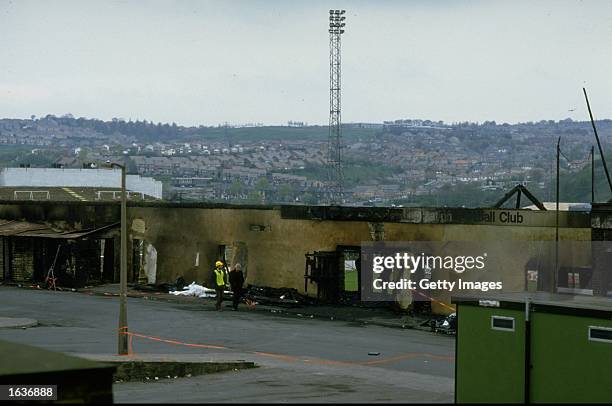 General view of a fire damaged wall outside the ground in the wake of the disaster at Bradford City Football Club in Bradford, England. \ Mandatory...