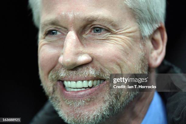 Newcastle United manager Alan Pardew smiles during the UEFA Europa League Round of 16 second leg match between Newcastle United FC and FC Anji...