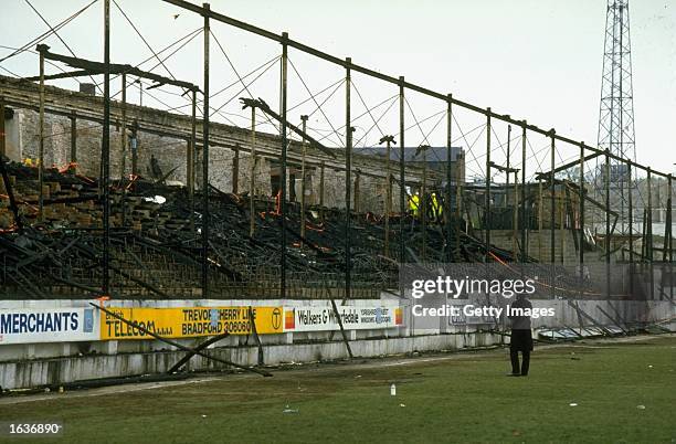 General view of the burnt out stands in the wake of the disaster at the Bradford City ground in Bradford, England. \ Mandatory Credit: Allsport UK...