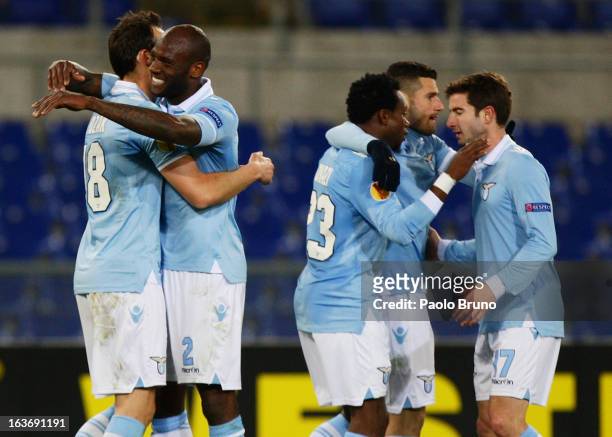 Libor Kozak with his teammates of S.S. Lazio celebrates after scoring the third team's goal during the UEFA Europa League Round of 16 second leg...
