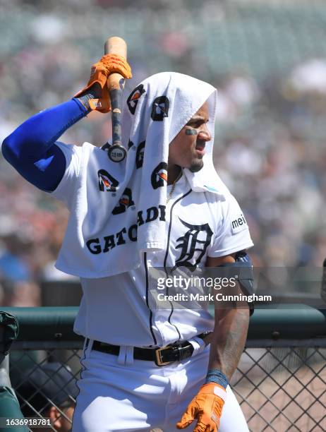 Andy Ibanez of the Detroit Tigers looks on from the dugout with a Gatorade towel over his head during the game against the New York Yankees at...