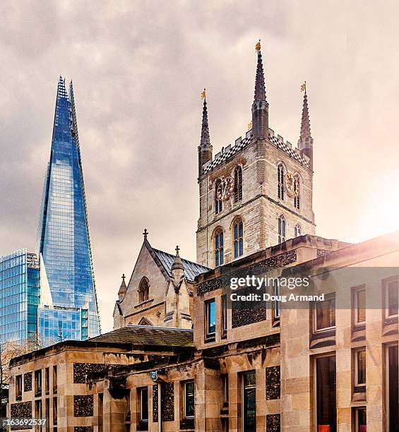 southwark cathedral and the shard - southwark cathedral stock pictures, royalty-free photos & images