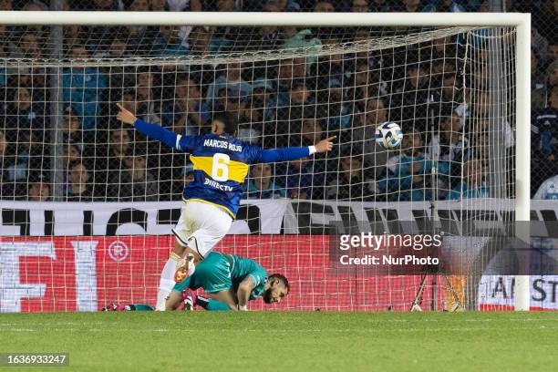 Boca Juniors' Marcos Rojo celebrates winning the penalty shoot out during a second leg match between Racing Club and Boca Juniors at Presidente Peron...