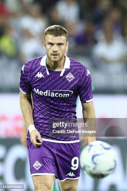 Lucas Beltran of ACF Fiorentina in action during the UEFA Conference League - Play-off Round Second Leg match between ACF Fiorentina and Rapid Wien...