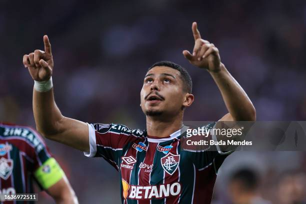 Andre of Fluminense celebrates after scoring the team firsts goal during the Copa CONMEBOL Libertadores 2023 Quarter-final first leg match between...