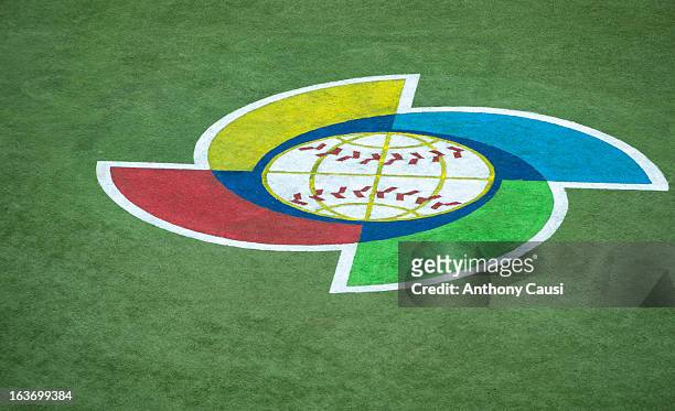 Detailed shot of the World Baseball Classic logo on the field during Pool C, Game 5 between Spain and Venezuela in the first round of the 2013 World...