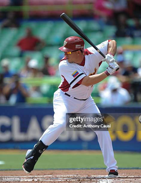 Asdrubal Cabrera of Team Venezuela bats during Pool C, Game 5 against Spain in the first round of the 2013 World Baseball Classic at Hiram Bithorn...