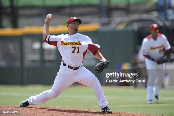 Ramon A. Ramirez of Team Venezuela pitches during Pool C, Game 5 against Spain in the first round of the 2013 World Baseball Classic at Hiram Bithorn...