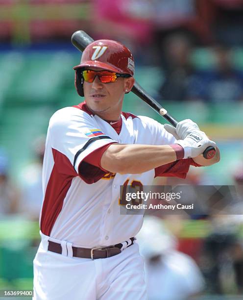 Asdrubal Cabrera of Team Venezuela bats during Pool C, Game 5 against Spain in the first round of the 2013 World Baseball Classic at Hiram Bithorn...