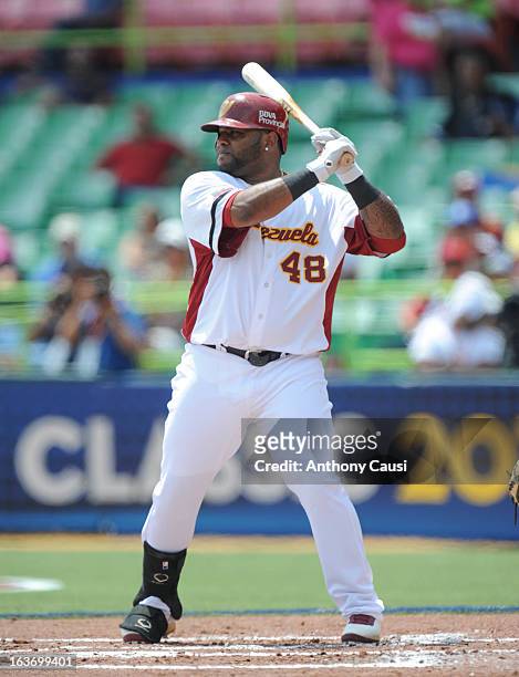 Pablo Sandoval of Team Venezuela bats during Pool C, Game 5 against Spain in the first round of the 2013 World Baseball Classic at Hiram Bithorn...
