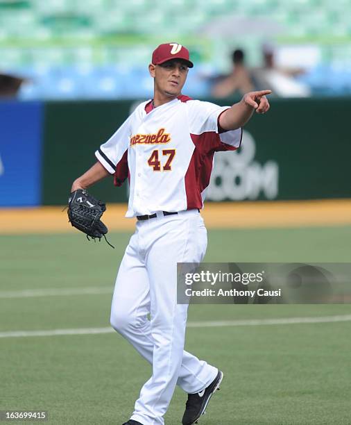 Wil Ledezma of Team Venezuela looks on during Pool C, Game 5 against Spain in the first round of the 2013 World Baseball Classic at Hiram Bithorn...