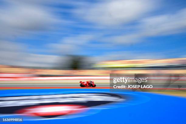 Ducati Italian rider Francesco Bagnaia rides during the first MotoGP free practice session of the Moto Grand Prix of Catalonia at the Circuit de...