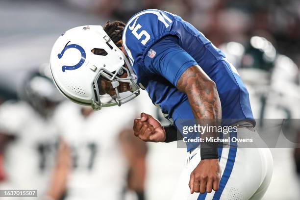 Anthony Richardson of the Indianapolis Colts celebrates after throwing for a touchdown against the Philadelphia Eagles during to an NFL preseason...