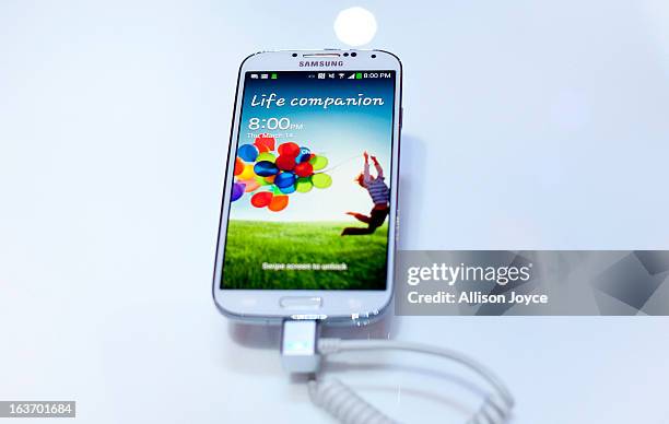 The Samsung Galaxy S IV on display March 14, 2013 in New York City. Samsung, the world's largest handset maker, revealed their successor to the...