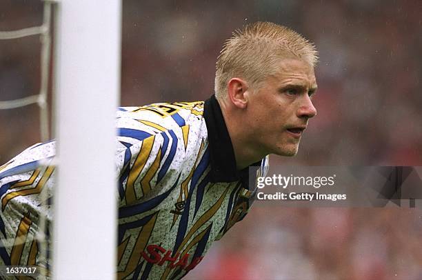 Peter Schmeichel the Manchester United goalkeeper concentrates on the match during the FA Cup Final against Chelsea at Wembley Stadium in London....