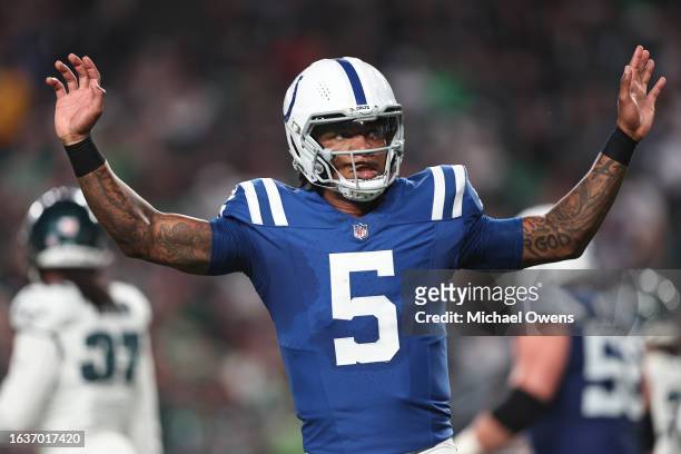 Anthony Richardson of the Indianapolis Colts taunts the crowd after passing for a touchdown during to an NFL preseason game at Lincoln Financial...