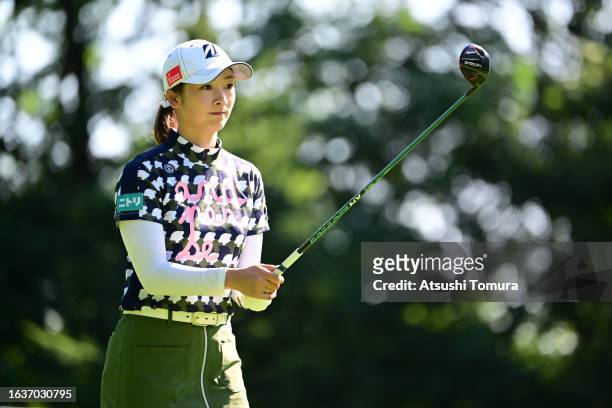 Rei Matsuda of Japan is seen before her tee shot on the on the 11th hole during the rest of the first round of NITORI Ladies at Otaru Country Club on...